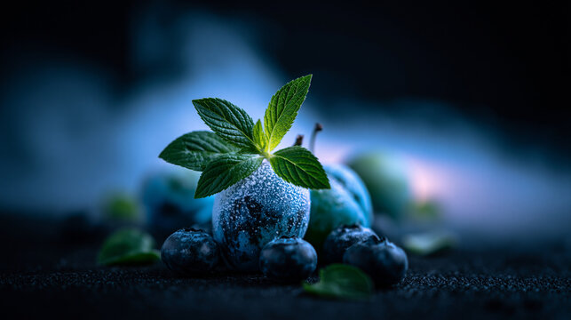Blueberries and green mint leaves covered in frosty ice with blueberry, culinary