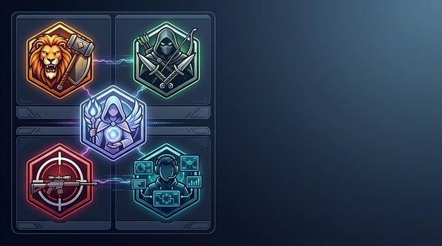 Neon gaming character class badges and role icons collection