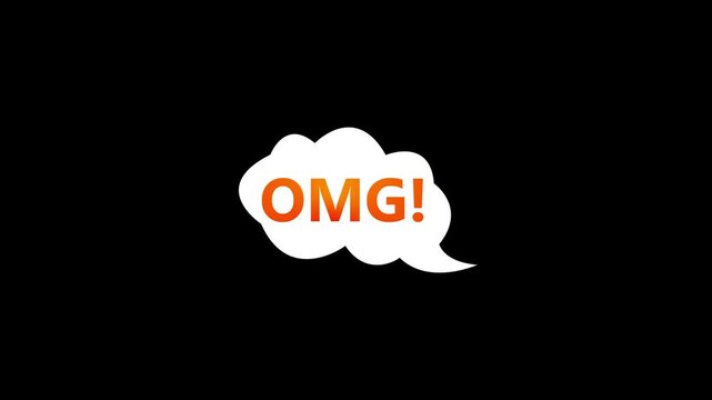 Animated OMG speech bubble with gradient text on black background, social media communication concept, 4K motion graphic