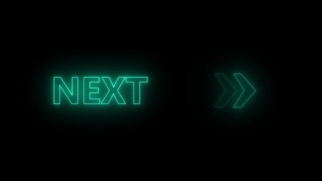 Neon green next button icon animation with glowing arrows on black background, modern digital interface, 4K motion graphic