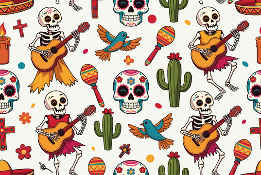 Vibrant seamless pattern for day of the dead with skeletons playing guitars sugar skulls maracas and cacti.