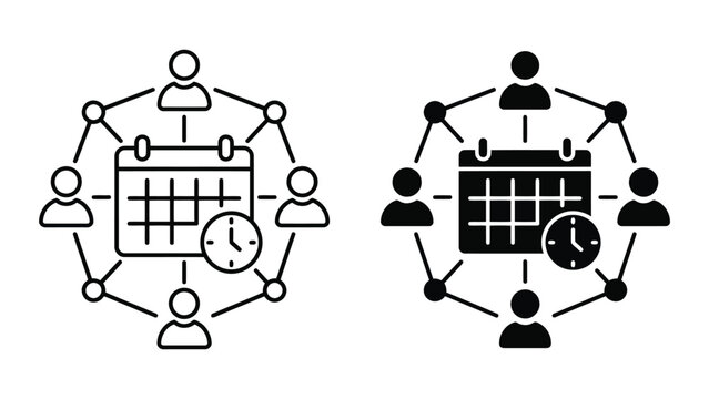 Team scheduling and time management network icon set with calendar, scheduling