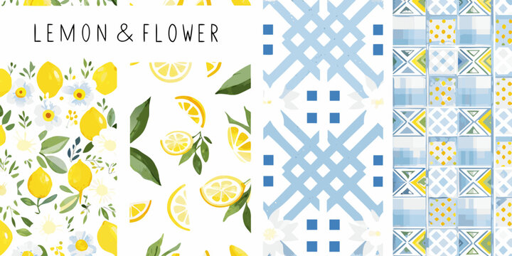 lemon and flower watercolor pattern on white background fruit blossom botanical design illustration graphic art print summer fresh nature citrus floral decoration texture