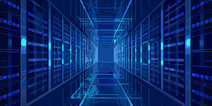 server racks in immersive 3d perspective view blue lighting datacenter technology network servers storage digital infrastructure computer hardware virtual rendering illustration futuristic industrial