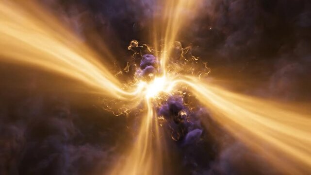 A bright golden star shines through dark cosmic clouds