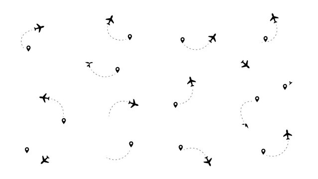 Graphic illustration of airplane travel routes and destination marker pins