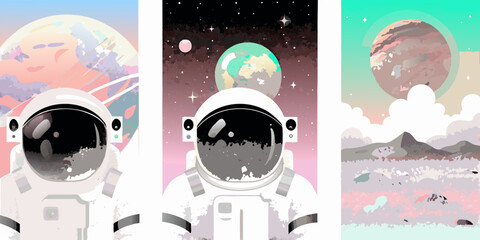 astronauts in space vector illustration with vibrant colors cosmos planets stars galaxy exploration science fiction artwork graphic design fantasy adventure future technology astronomy © Bithi