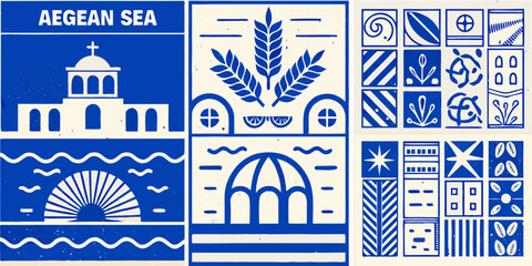 vintage block print style posters featuring greek cultural symbols church wheat arch waves stars stripes blue white pattern ornament design illustration graphic art © Bithi