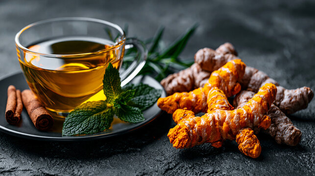 Fresh turmeric roots with herbal tea cup cinnamon sticks and green mint, turmeric