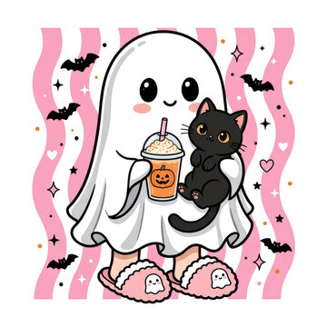 Cute ghost holding pumpkin drink and black cat wearing slippers