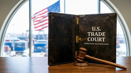 Naklejka premium US Trade Court Book with Gavel and Flag Overlooking Port