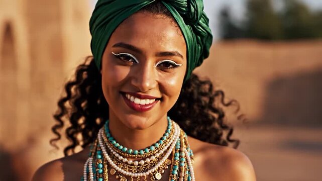 A smiling woman wears a green turban and beaded jewelry