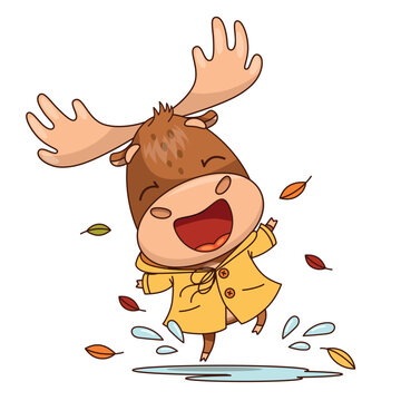 Adorable flat style moose character with clean outline wearing a bright yellow raincoat and happily jumping in a puddle on a rainy autumn day. Cute woodland animal vector illustration perfect for