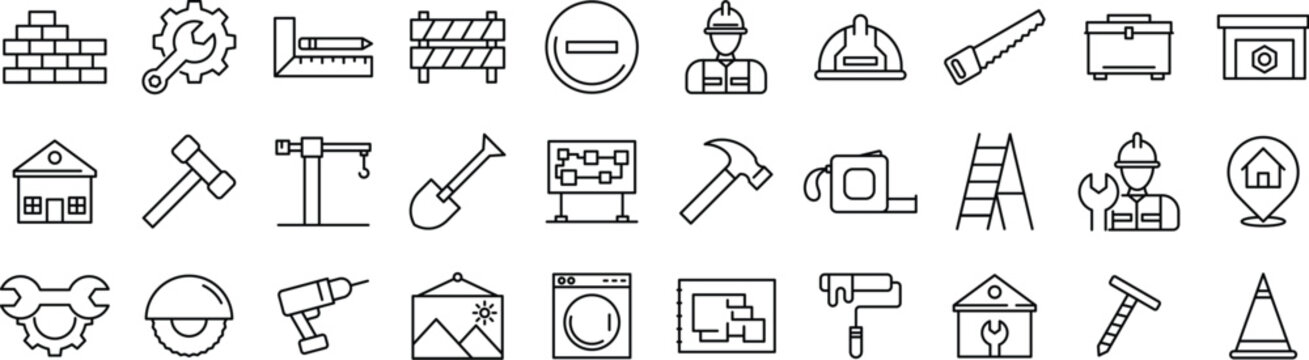 Construction and Building Line Icon Collection with Contractor Tools, Industrial Maintenance, Engineering Equipment and Renovation icon set