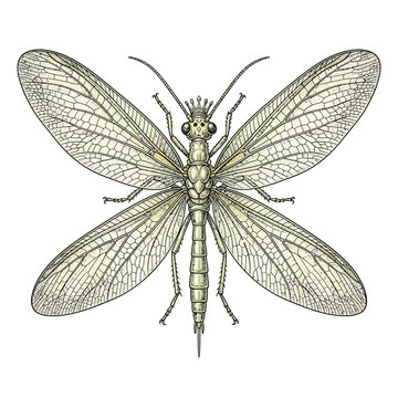 Detailed hand drawn engraving of a crowned insect with translucent wings