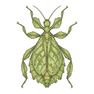 Detailed hand-drawn green leaf insect illustration on white background
