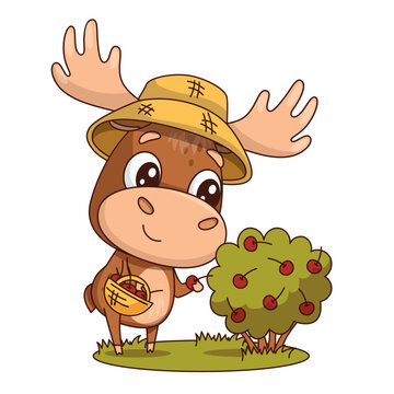 Adorable flat style moose character with clean outline wearing a yellow sun hat while picking ripe berries from a bush on a warm summer day. Cute woodland animal vector illustration perfect for