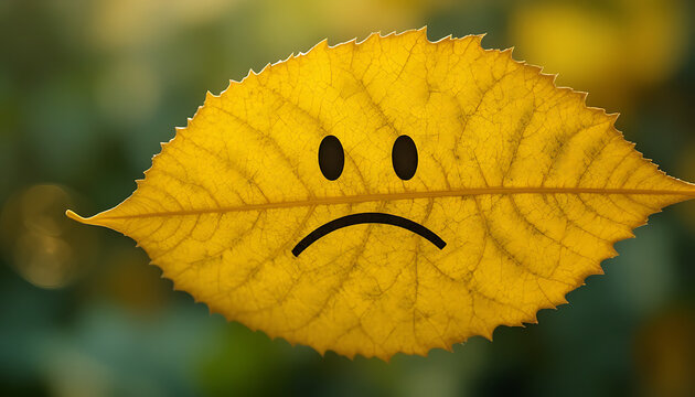 Close-up of yellow leaf with visible veins and serrated edges featuring a black sad face drawing with oval eyes and curved mouth