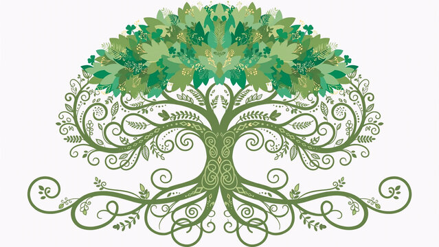 Celtic Tree of Life with intricate knotwork and green leaves, isolated on white, symbolizing harmony, growth, and eternal connection