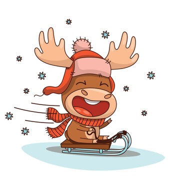 Adorable flat style moose character with clean outline wearing a knitted hat and warm scarf while racing down a snowy hill on a sled. Wind blows into the face as snowflakes fly around creating a
