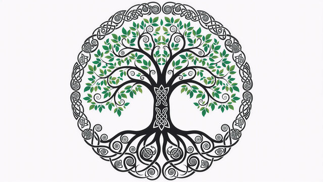 Celtic Tree of Life with intricate knotwork and green leaves, isolated on white, symbolizing harmony, growth, and eternal connection