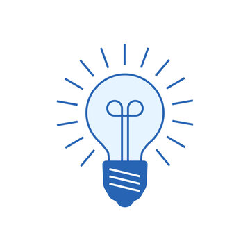 Blue business icon of creative lightbulb, flat vector symbol for innovation, solution, startup, insight, strategy and inspiration. Clean, isolated illustration on white background.