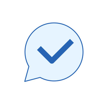 Blue business icon of check message, flat vector symbol for feedback, confirmation, response, support, trust and validation tools. Clean, isolated illustration on light background