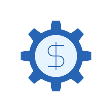 Blue business icon of financial gear, flat vector symbol for costs, price, automation, profit, budgeting and system control tools. Clean, isolated illustration on light background