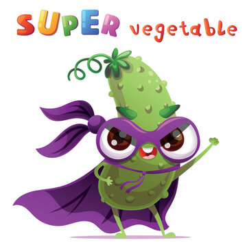 Cute Cucumber vegetable character dressed as a superhero standing in a heroic pose with a mask and a flowing cape. Bright playful headline in a colorful kids style is placed above the character. Fun