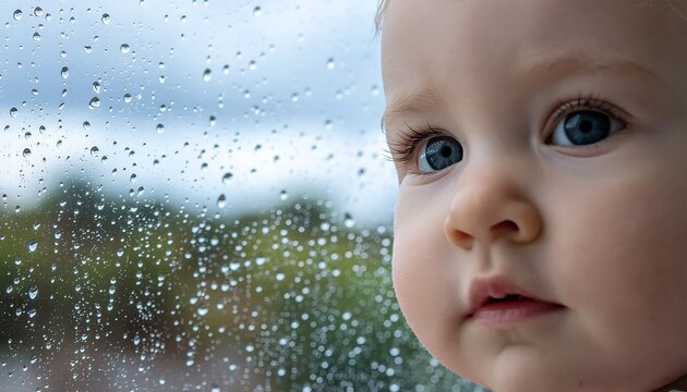 Baby looking out window at rain