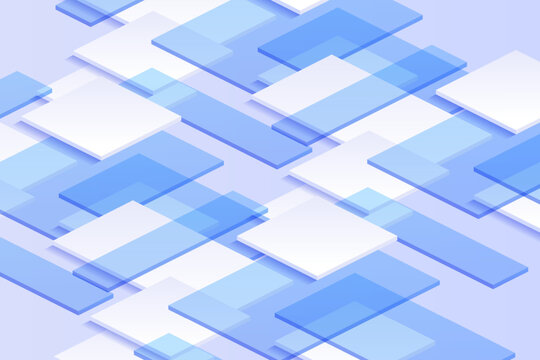 Abstract tech background with dense layered rectangles, blue transparent surfaces and white floating sheets, ideal for AI visuals, cloud platforms, analytics graphics and digital posters.