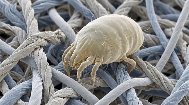 Microscopic scanning electron microscope (SEM) image of a house dust mite (Dermatophagoides) crawling on fabric fibers