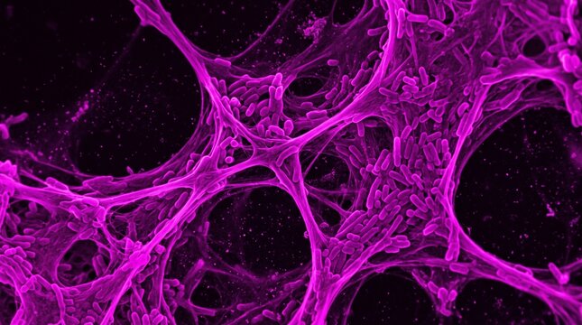 Scanning electron micrograph of rod-shaped bacteria within a dense biofilm matrix, colorized magenta