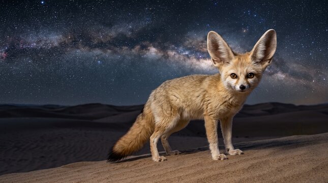 Adorable Fennec Fox Standing on Sand Dunes in the Desert Under a Spectacular Milky Way Night Sky
