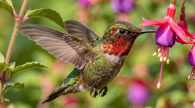 Hummingbird hovering and feeding on a vibrant pink fuchsia flower in a lush garden