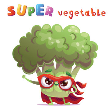 Cute broccoli vegetable character dressed as a superhero standing in a heroic pose with a mask and a flowing cape. Bright playful headline in a colorful kids style is placed above the character. Fun