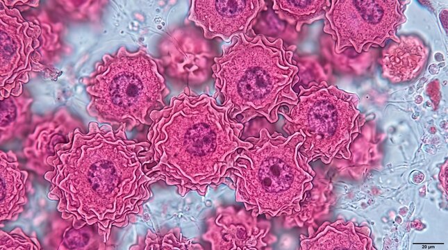 Microscopic view of pink stained biological cells with irregular ruffled edges and visible nuclei under high magnification