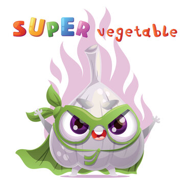 Cute garlic vegetable character dressed as a superhero standing in a heroic pose with a mask and a flowing cape. Bright playful headline in a colorful kids style is placed above the character. Fun