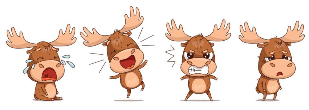 Adorable flat style moose character collection with clean outline featuring four expressive emotions including angry crying excited jumping and tired. Cute woodland animal vector set perfect for