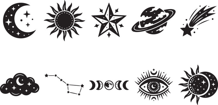 Set of hand drawn celestial elements including moon sun stars and mystical symbols in black and white