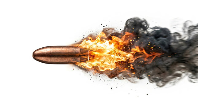 A high speed metal bullet flying with bright fire and dark smoke trails isolated on transparent background