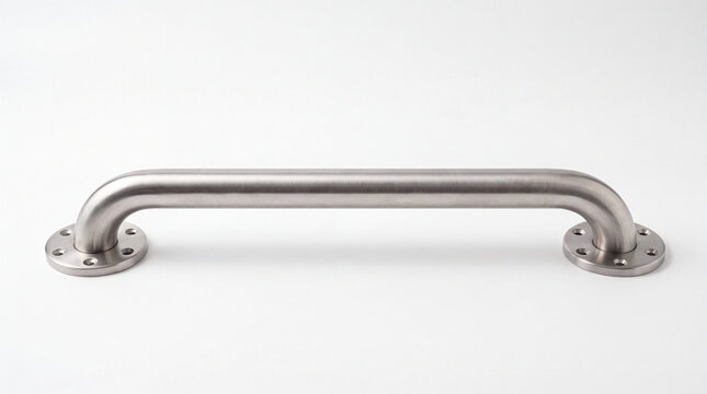 Brushed stainless bathroom grab bar with end flanges on white