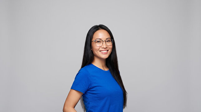 Young woman in blue t-shirt wearing glasses smiling brightly
