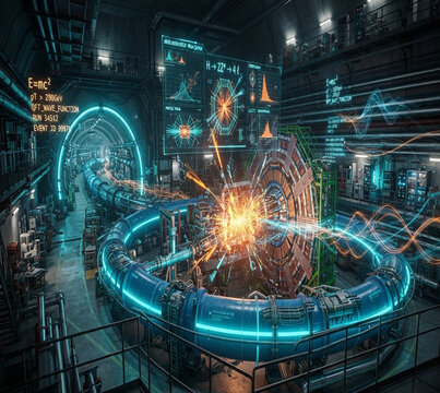 Particle collider glows cyan magnets orange collision tracks physics