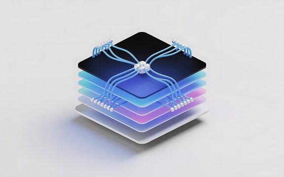 Abstract 3d of a layered square platform with interconnected blue tubes and white spheres representing network connectivity