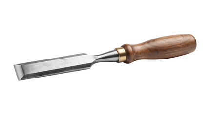 Fototapeta premium Professional woodworking chisel with sharp steel blade, traditional wood carving tool with walnut handle, carpentry hand tool for timber craftsmanship isolated PNG with Transparent Background