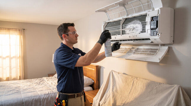 This beautiful highly detailed stock photograph captures a focused specialist spraying cleaning foam on evaporator coils of the wall-mounted air conditioning unit today.