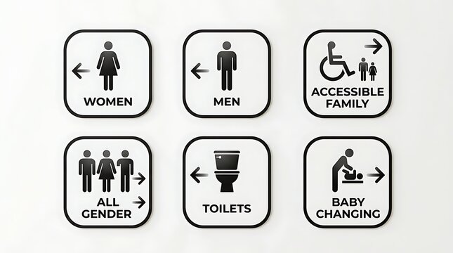 Restroom signs for women, men, accessible family, all gender, toilets, and baby changing