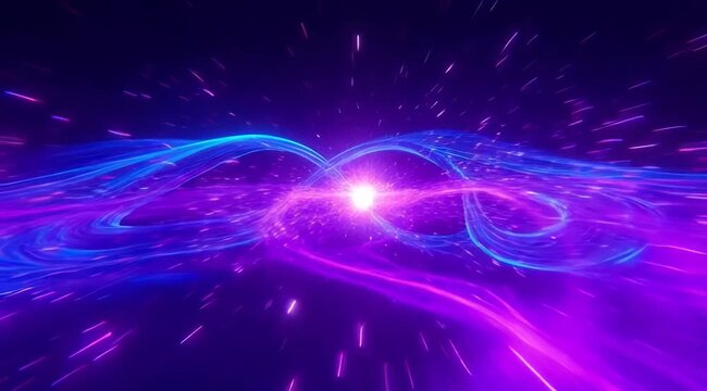Neon blue and purple light trails forming an infinity loop with glowing particles, representing eternal connection and futuristic energy