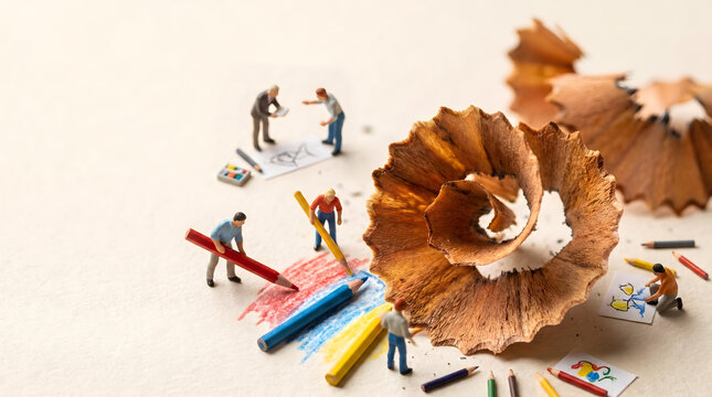 Miniature figures working together around giant colored pencil shavings and drawings on paper